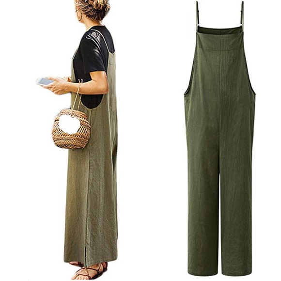Boutique Pants - Olive Harem Overalls WideLeg Cotton Linen Jumpsuit